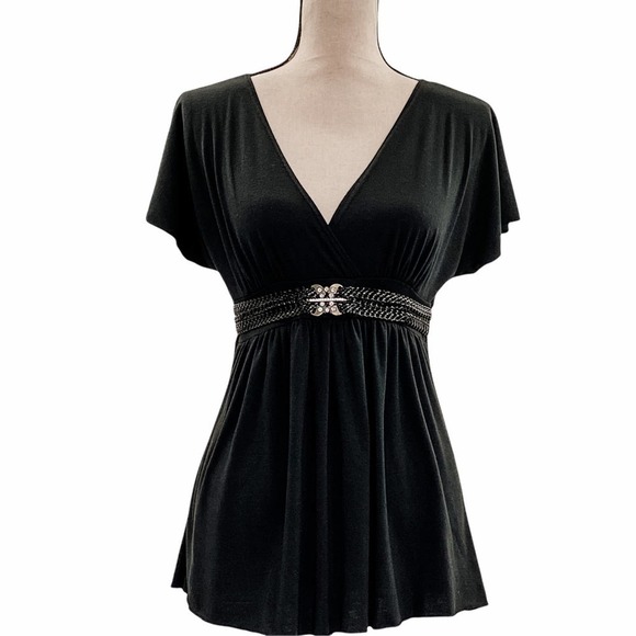 KRESS Collection Solid Black Short Sleeve V-Neck Braided Belted Waist Blouse - Picture 1 of 11